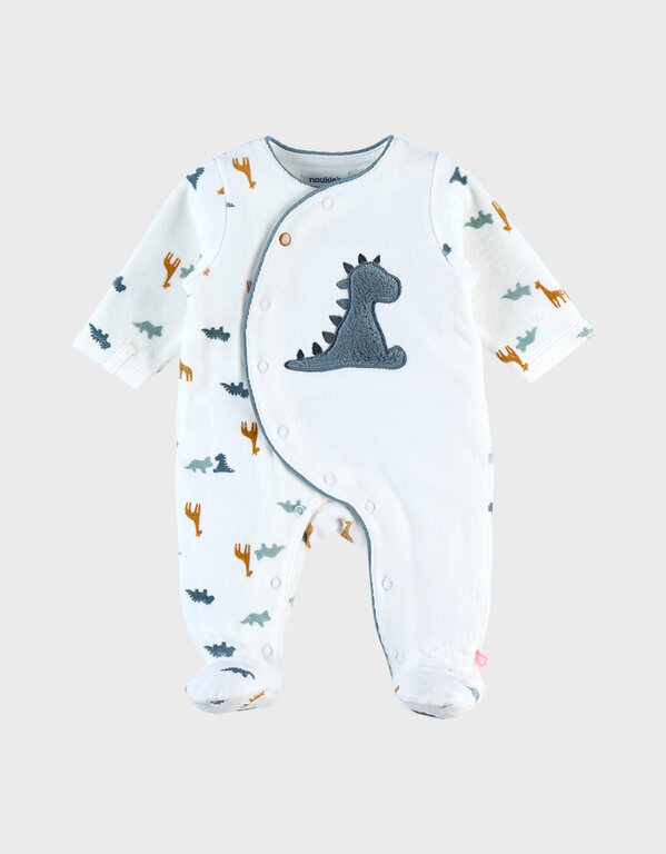 Noukie's Fluwelen dinosaurus pyjama, wit/blauw