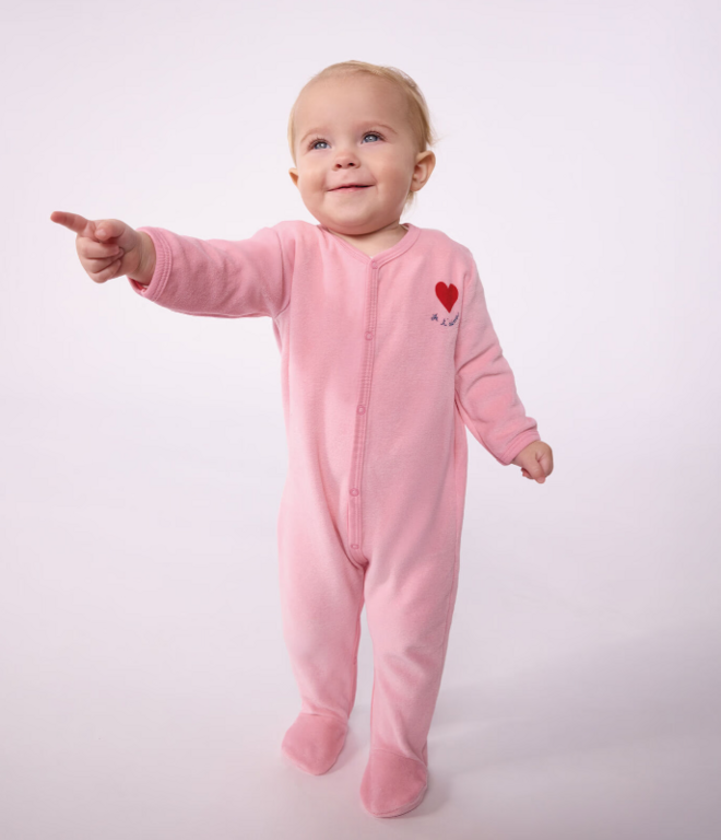 Petit Bateau Babypyjama van effen velours met motiefje Roze
