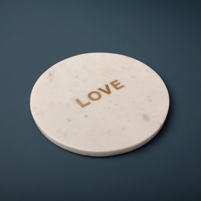 Marmeren serveerplank - wit - rond - gouden letters LOVE - Ø 30cm