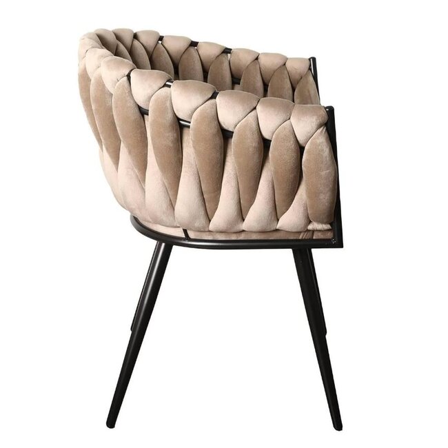 Homerebels Collection Gevlochten eetkamerstoel Sand White – beige velvet eetkamerstoel met armleuning en gevlochten rugleuning - Wave chair