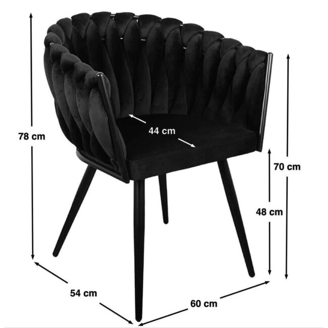 Pole to Pole Eetkamerstoel Zwart ‘Wave Chair’ – Gevlochten rugleuning – Velvet eetkamerstoel – Homerebels - Zwarte eetkamerstoel met armleuning