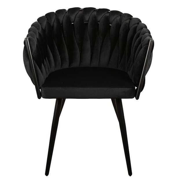 Homerebels Collection Zwarte eetkamerstoel Wave Chair – Velvet eetkamerstoel met gevlochten armleuning en rugleuning
