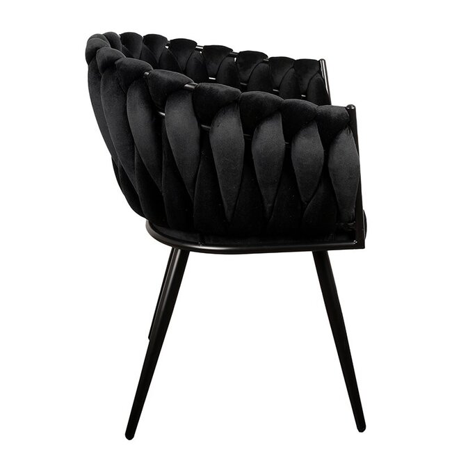 Homerebels Collection Zwarte eetkamerstoel Wave Chair – Velvet eetkamerstoel met gevlochten armleuning en rugleuning