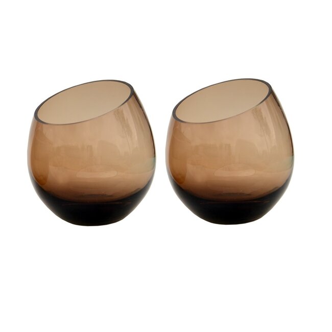 Glazen windlichten Moho - Taupe - Set van 2 - Ø12,5 x H13 cm