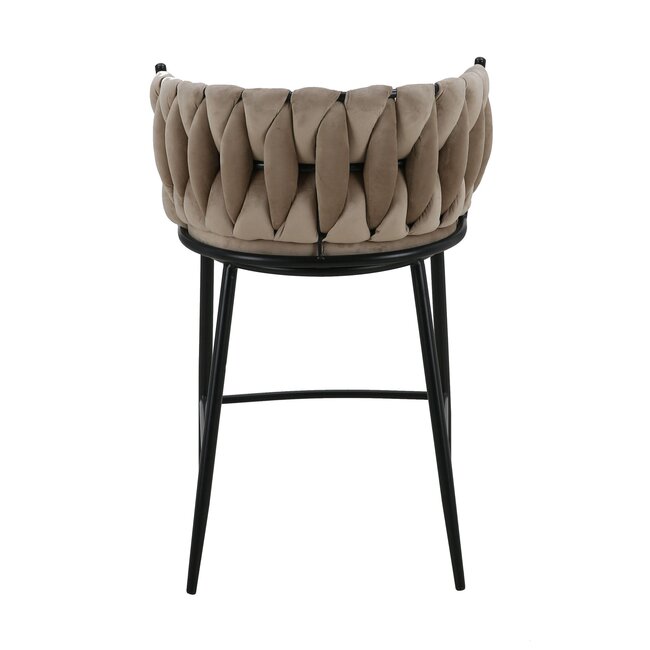 Homerebels Collection Wave barkruk met gevlochten rugleuning - velvet barstoel met zwarte poten - zithoogte 65 cm
