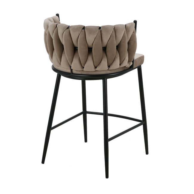 Homerebels Collection Wave barkruk met gevlochten rugleuning - velvet barstoel met zwarte poten - zithoogte 65 cm