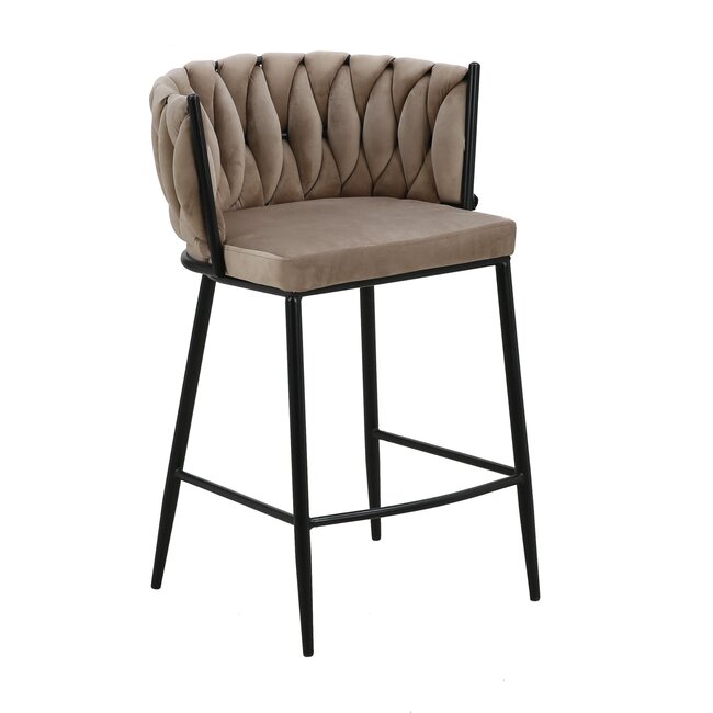 Homerebels Collection Wave barkruk met gevlochten rugleuning - velvet barstoel met zwarte poten - zithoogte 65 cm