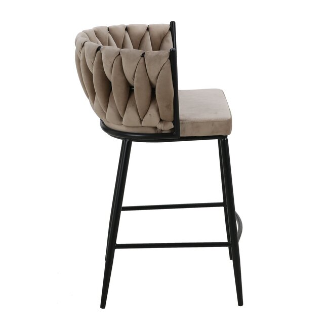 Homerebels Collection Wave barkruk met gevlochten rugleuning - velvet barstoel met zwarte poten - zithoogte 65 cm