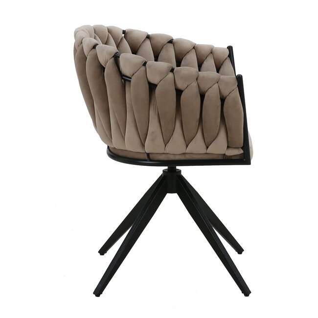 Homerebels Collection Eetkamerstoel Zand ‘Wave Chair’ – Gevlochten rugleuning – Velvet eetkamerstoel met 360 graden draaiend frame.
