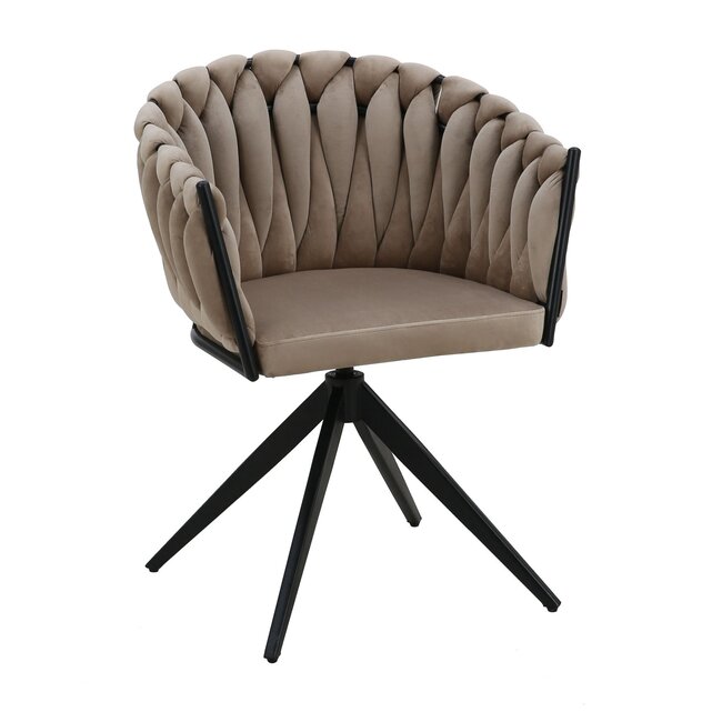 Homerebels Collection Eetkamerstoel Zand ‘Wave Chair’ – Gevlochten rugleuning – Velvet eetkamerstoel met 360 graden draaiend frame.