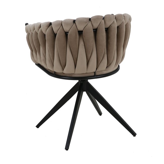 Homerebels Collection Eetkamerstoel Zand ‘Wave Chair’ – Gevlochten rugleuning – Velvet eetkamerstoel met 360 graden draaiend frame.