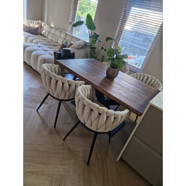 Homerebels Collection Gevlochten eetkamerstoel Beige Weave – beige eetkamerstoel van geweven stof met armleuning