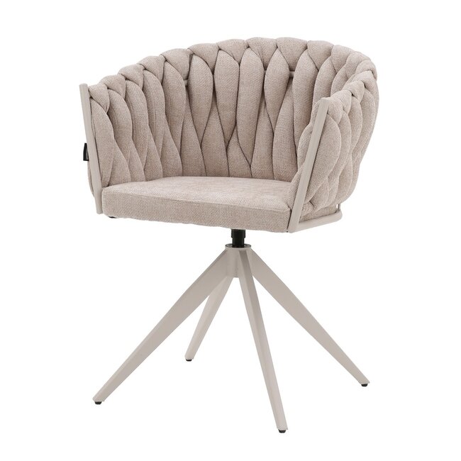 Homerebels Collection Eetkamerstoel ‘Wave Chair’ – Gevlochten rugleuning – Beige eetkamerstoel met beige frame - 360 graden draaiend.
