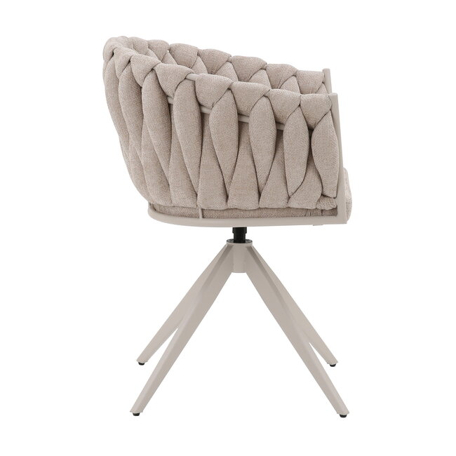Homerebels Collection Eetkamerstoel ‘Wave Chair’ – Gevlochten rugleuning – Beige eetkamerstoel met beige frame - 360 graden draaiend.