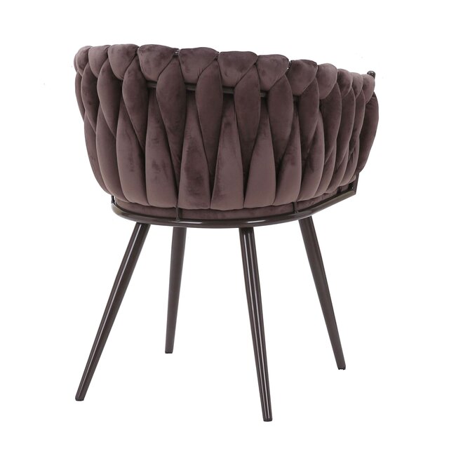 Homerebels Collection Eetkamerstoel Clay Brown ‘Wave Chair’ – Gevlochten rugleuning – Velvet eetkamerstoel met taupekleurige stoelpoten.