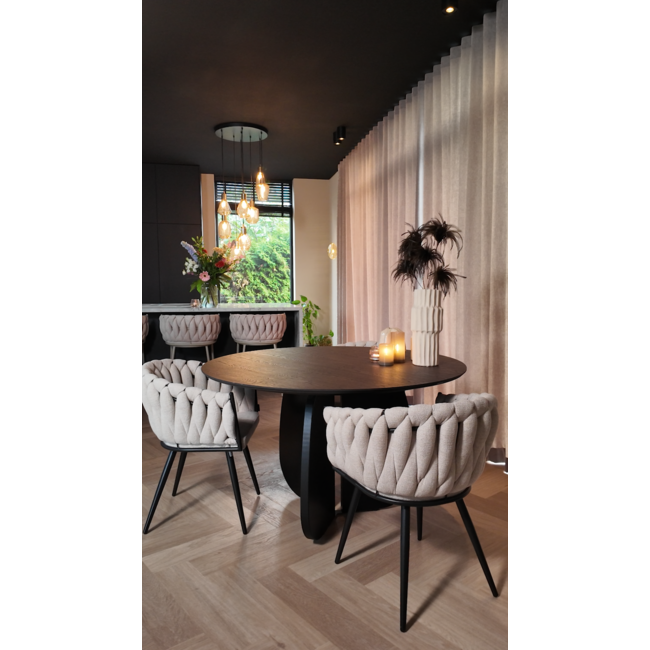 Homerebels Collection Gevlochten eetkamerstoel Beige Weave – beige eetkamerstoel van geweven stof met armleuning