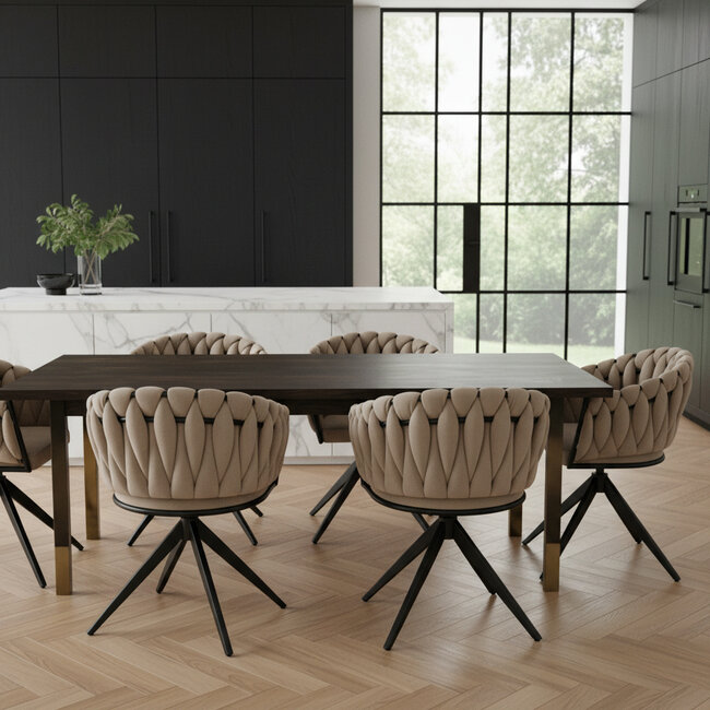 Homerebels Collection Eetkamerstoel Zand ‘Wave Chair’ – Gevlochten rugleuning – Velvet eetkamerstoel met 360 graden draaiend frame.