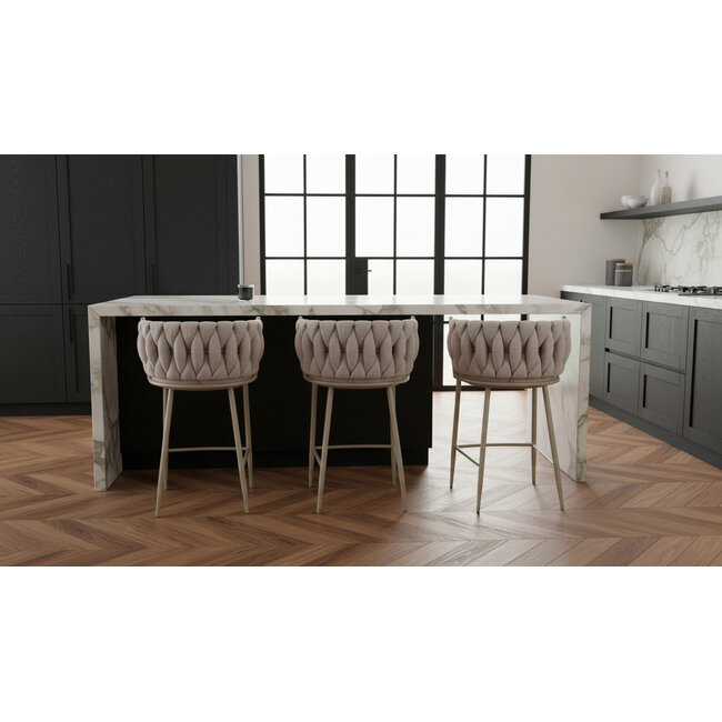 Homerebels Collection Wave barkruk met gevlochten rugleuning - barstoel met beige poten - zithoogte 65 cm
