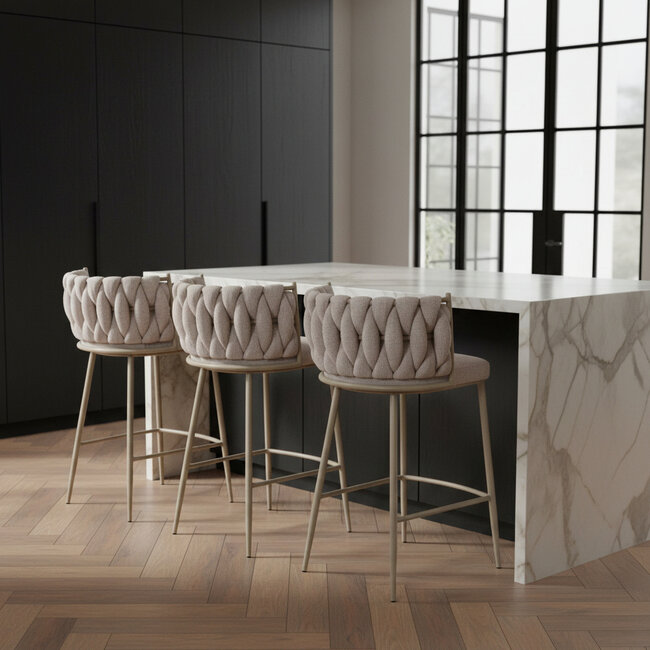 Homerebels Collection Wave barkruk met gevlochten rugleuning - barstoel met beige poten - zithoogte 65 cm