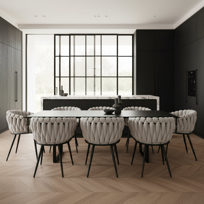 Homerebels Collection Eetkamerstoel Beige ‘Wave Chair’ – Gevlochten rugleuning – Stof – 60x54x78,5 cm