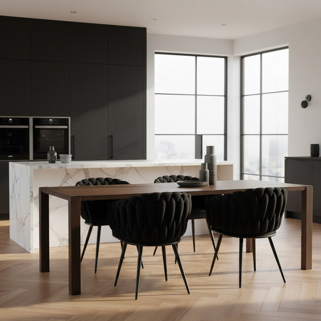 Pole to Pole Eetkamerstoel Zwart ‘Wave Chair’ – Gevlochten rugleuning – Velvet eetkamerstoel – Homerebels - Zwarte eetkamerstoel met armleuning