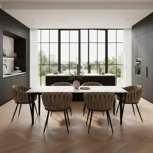 Homerebels Collection Eetkamerstoel Zand ‘Wave Chair’ – Gevlochten rugleuning – Velvet – Homerebels - 60x54x78,5 cm