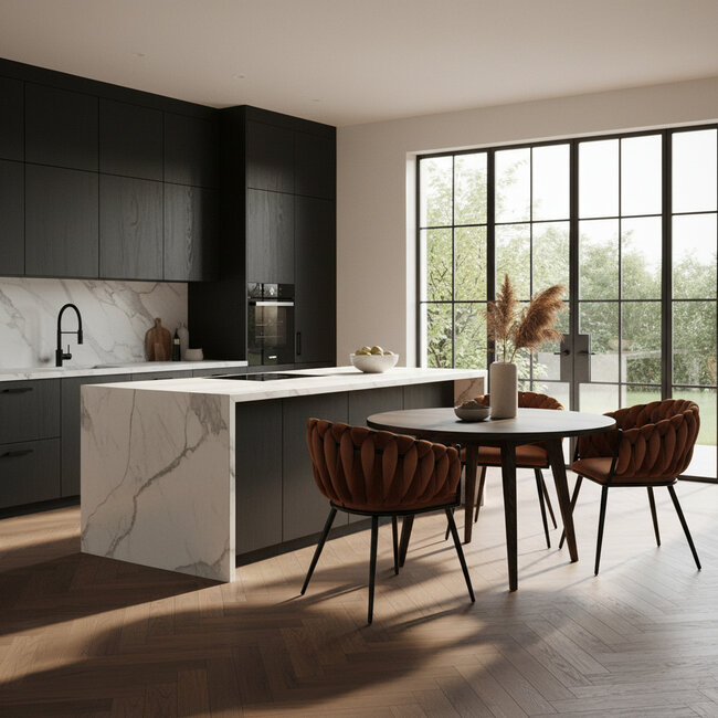 Homerebels Collection Eetkamerstoel Koper ‘Wave Chair’ – Gevlochten rugleuning – Velvet eetkamerstoel