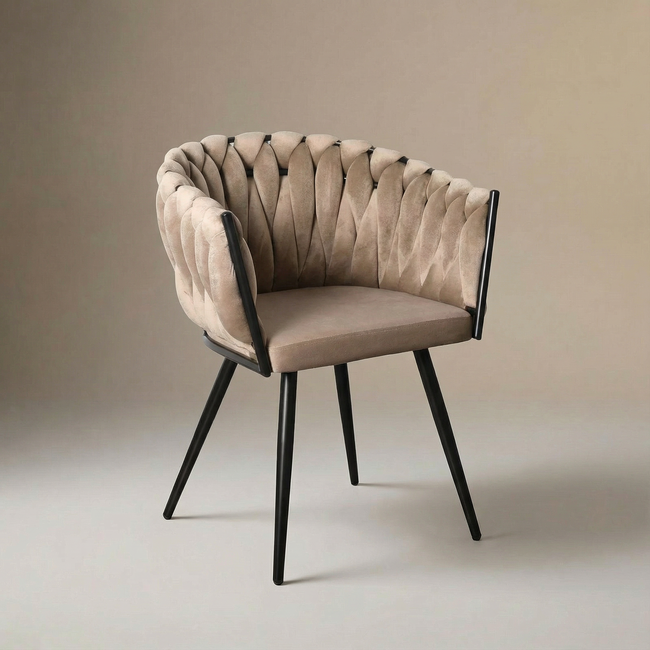 Homerebels Collection Gevlochten eetkamerstoel Sand White – beige velvet eetkamerstoel met armleuning en gevlochten rugleuning - Wave chair