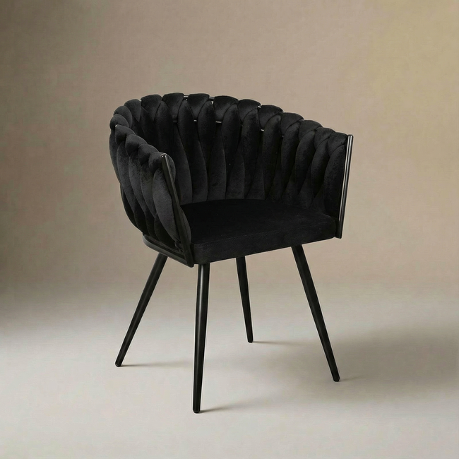 Homerebels Collection Zwarte eetkamerstoel Wave Chair – Velvet eetkamerstoel met gevlochten armleuning en rugleuning