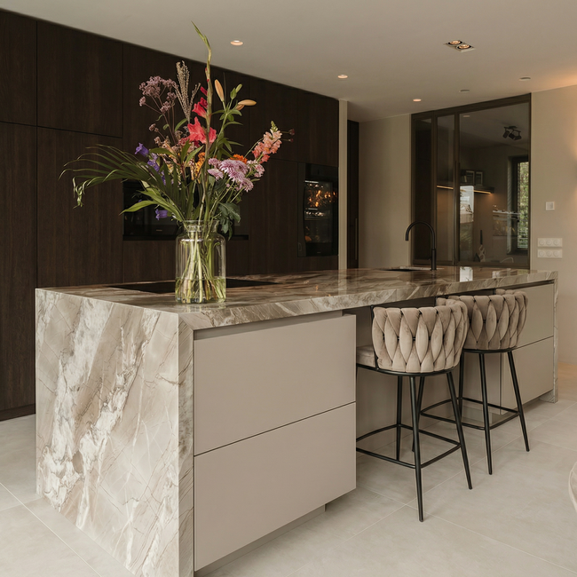 Homerebels Collection Wave barkruk met gevlochten rugleuning - velvet barstoel met zwarte poten - zithoogte 65 cm