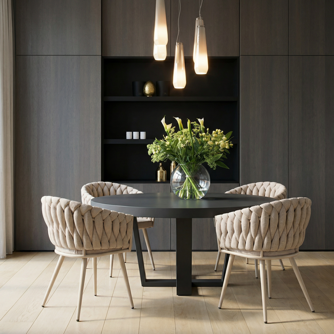 Homerebels Collection Beige eetkamerstoel met beige poten - gevlochten rugleuning - Wave Chair – beige eetkamerstoel met armleuning