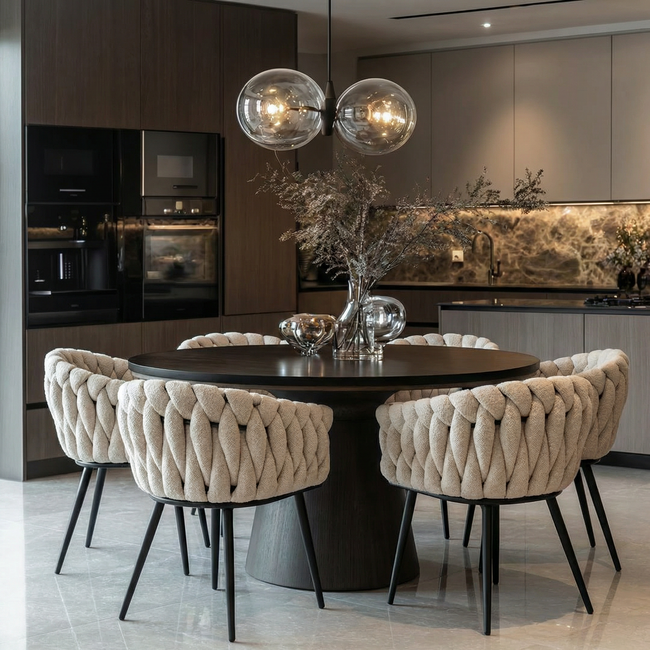 Homerebels Collection Eetkamerstoel Beige ‘Wave Chair’ – Gevlochten rugleuning – Stof – 60x54x78,5 cm