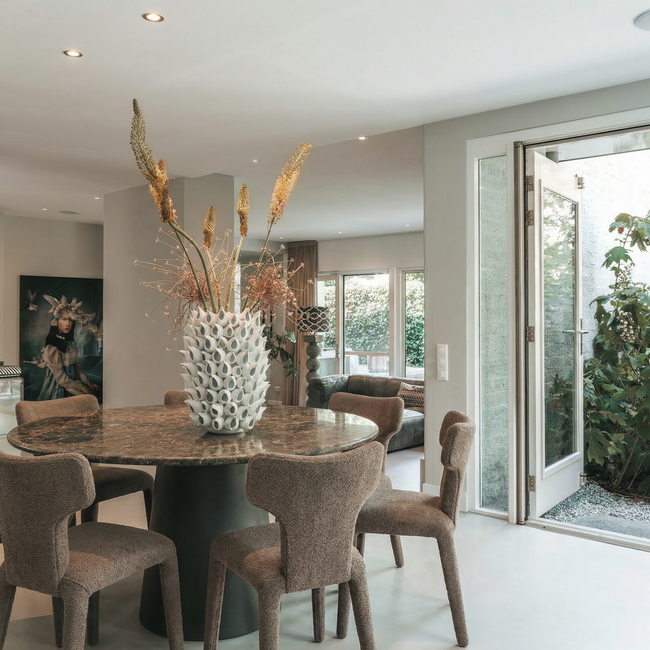 Homerebels Collection Japandi eetkamerstoel bruin volledig gestoffeerd – minimalistisch design met comfortabele zit