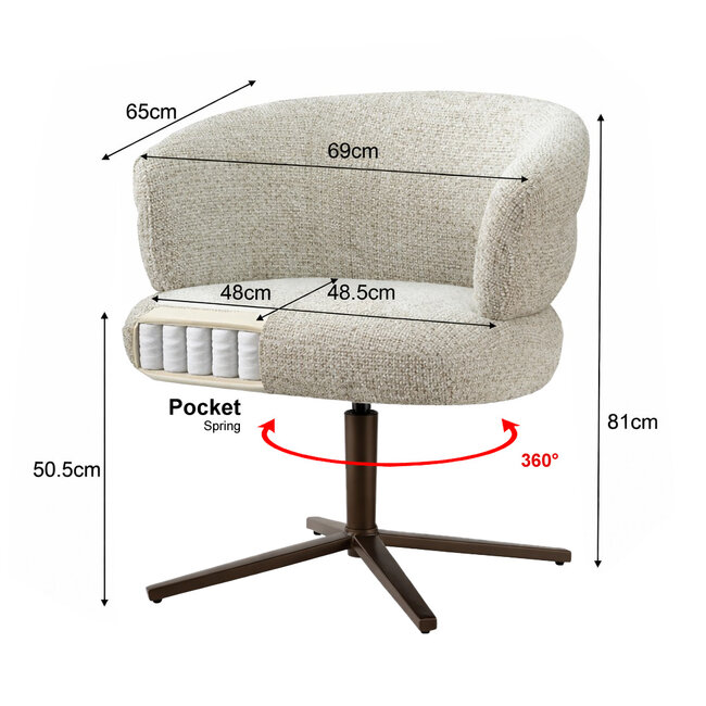 Livingfurn Luxe beige eetkamerstoel Blake – draaibare stoffen eetkamerstoel met armleuning en pocketvering