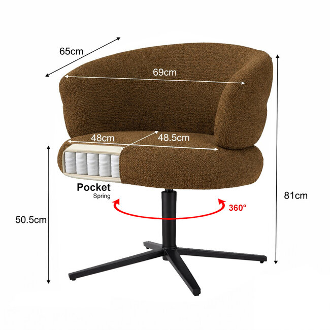 Livingfurn Luxe caramel eetkamerstoel Blake – draaibare stoffen eetkamerstoel met armleuning en pocketvering