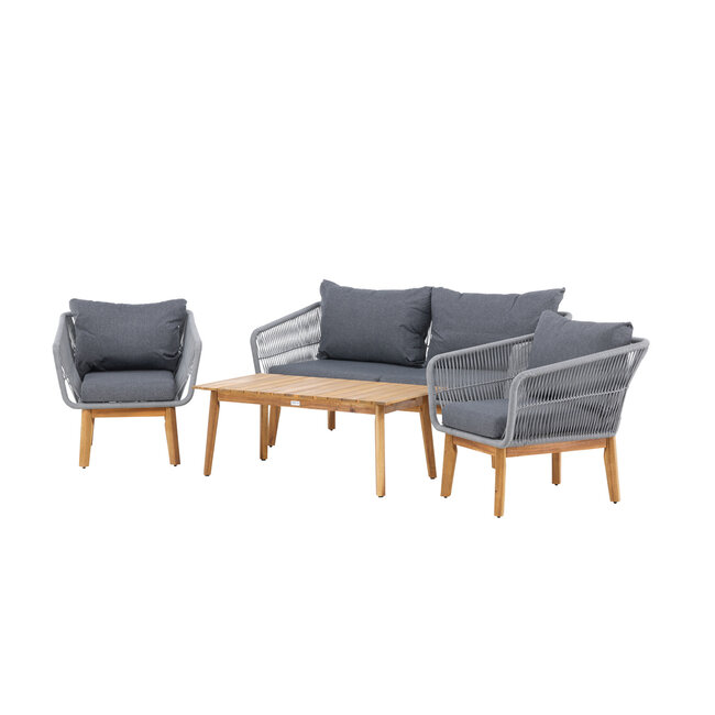 Venture Home Loungeset Chania – Aluminium frame met touwvlechtwerk & acaciahouten salontafel | Bank, 2 fauteuils & kussens voor 4 personen