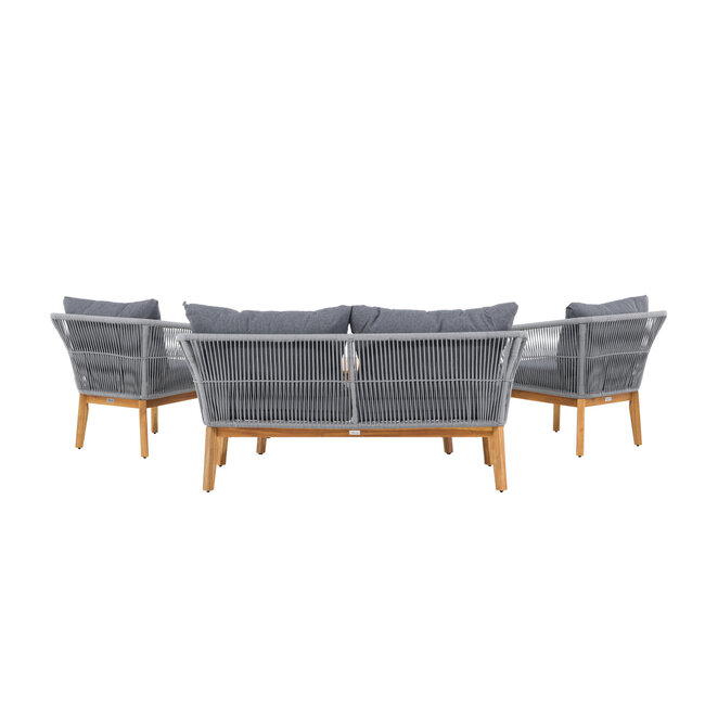 Venture Home Loungeset Chania – Aluminium frame met touwvlechtwerk & acaciahouten salontafel | Bank, 2 fauteuils & kussens voor 4 personen
