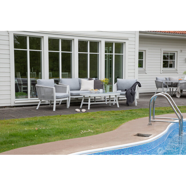 Venture Home Loungeset Virya grijs – Aluminium tuinbank met glazen tafel en kussens | 4 personen