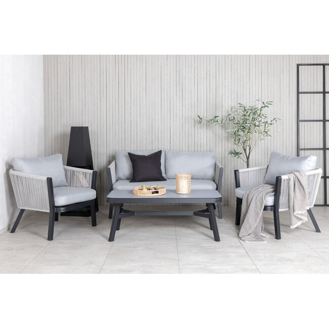 Venture Home Loungeset Virya grijs – Metalen frame met touwvlechtwerk | Bank, 2 fauteuils & glazen tafel met kussens
