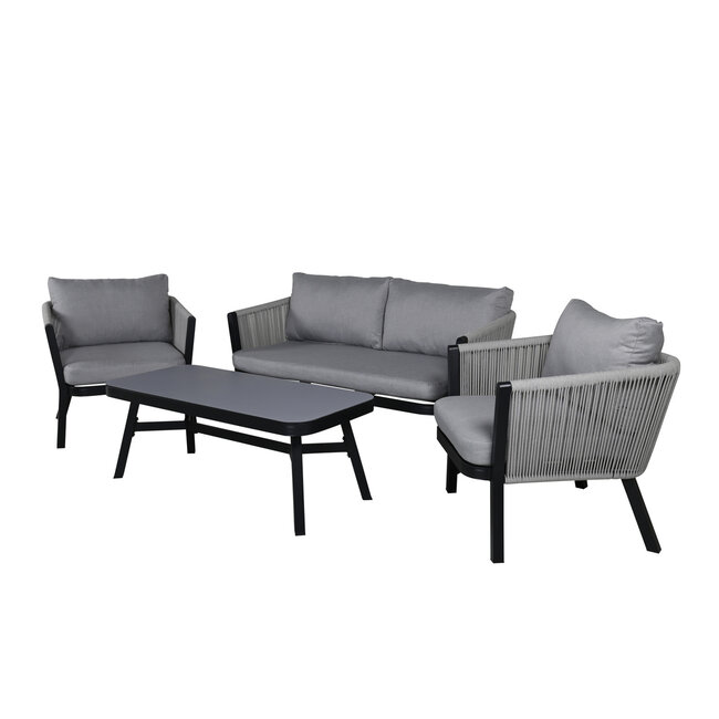 Venture Home Loungeset Virya grijs – Metalen frame met touwvlechtwerk | Bank, 2 fauteuils & glazen tafel met kussens