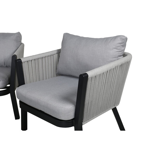 Venture Home Loungeset Virya grijs – Metalen frame met touwvlechtwerk | Bank, 2 fauteuils & glazen tafel met kussens