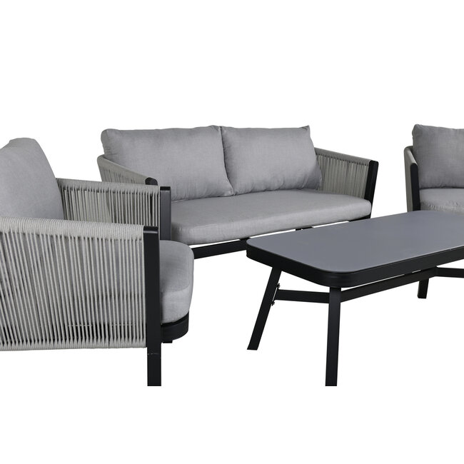 Venture Home Loungeset Virya grijs – Metalen frame met touwvlechtwerk | Bank, 2 fauteuils & glazen tafel met kussens