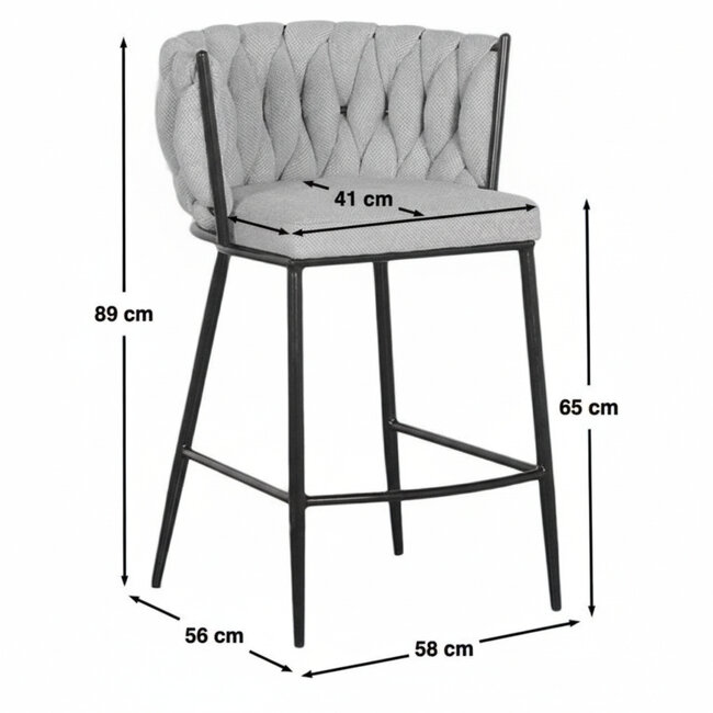 Homerebels Collection Wave barkruk met gevlochten rugleuning - velvet barstoel met zwarte poten - zithoogte 65 cm