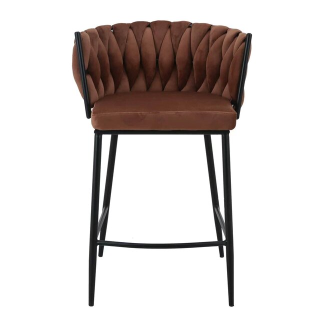 Homerebels Collection Wave barkruk met gevlochten rugleuning - velvet barstoel met zwarte poten - zithoogte 65 cm