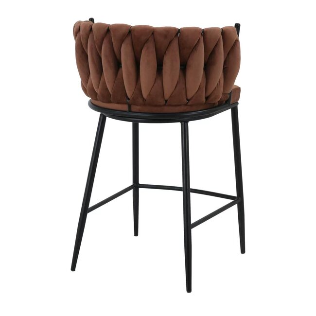 Homerebels Collection Wave barkruk met gevlochten rugleuning - velvet barstoel met zwarte poten - zithoogte 65 cm