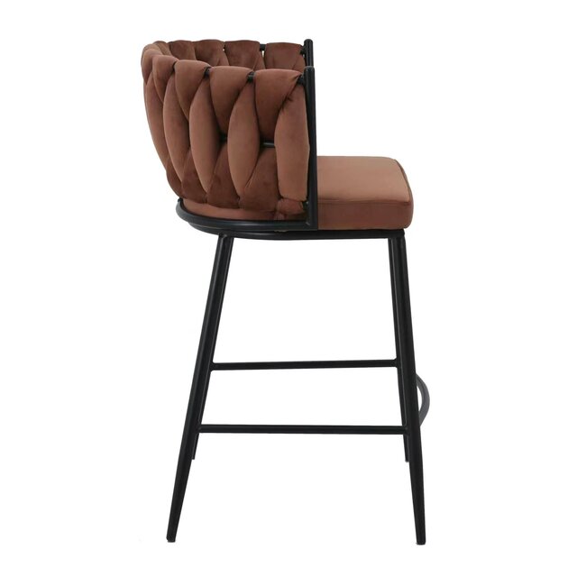 Homerebels Collection Wave barkruk met gevlochten rugleuning - velvet barstoel met zwarte poten - zithoogte 65 cm