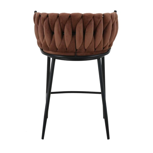 Homerebels Collection Wave barkruk met gevlochten rugleuning - velvet barstoel met zwarte poten - zithoogte 65 cm