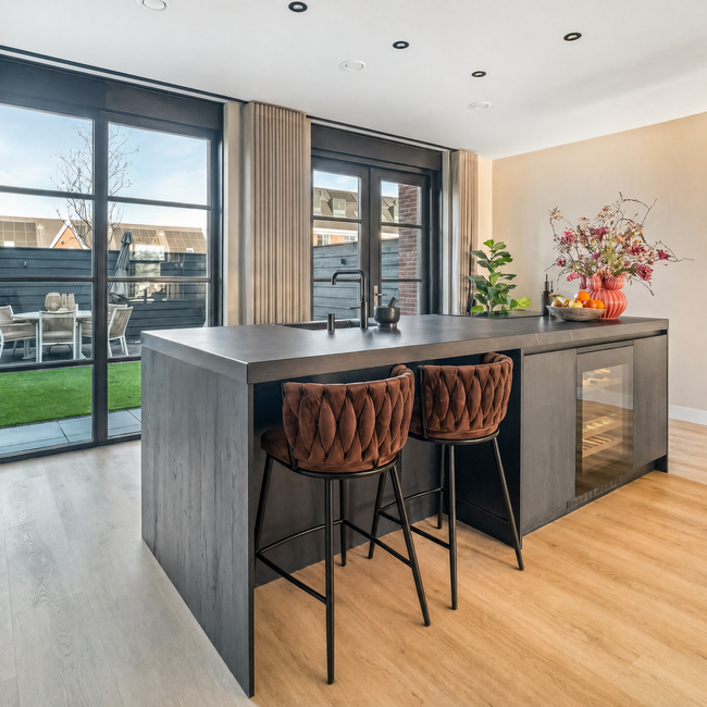 Homerebels Collection Wave barkruk met gevlochten rugleuning - velvet barstoel met zwarte poten - zithoogte 65 cm