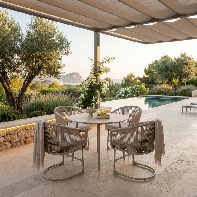Venture Home Tuinset Tilos – Ronde tuintafel met 4 stoelen met kussens | Lichtgrijze aluminium tuinset voor 4 personen