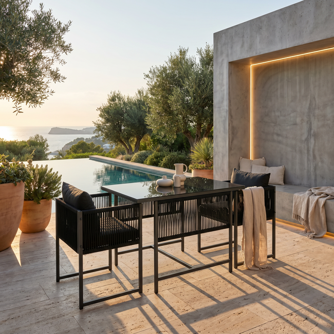 Venture Home Noto bistroset zwart 2 personen – glazen terrastafel met stoelen voor een stijlvolle buiteneethoek op terras of balkon
